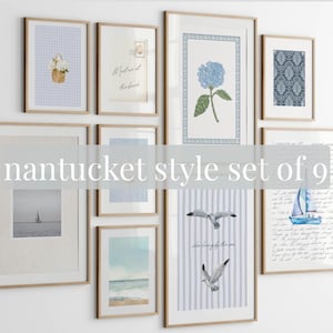 Coastal Wall Art Set of 9, Beach House Gallery Wall Prints, Nantucket Cape Cod Decor, Blue Hydrangea Coastal Art, Digital Download