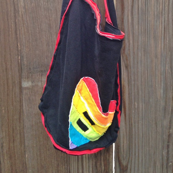 upcycled graphic t-shirt boho hobo bag, purse handmade - #lovewins - rainbow heart