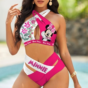 Traje de baño floral entrecruzado de Minnie personalizado, traje de baño de Disney, top de bikini con flores de Minnie Mouse, ropa de playa de dibujos animados, conjunto de dos piezas para regalar