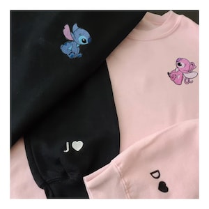 Embroidered Stitch And Angel Couple Sweatshirt, Disney Couple Hoodie, Matching Movie Cartoon Embroidered Shirt, Couple Gift For Her Him