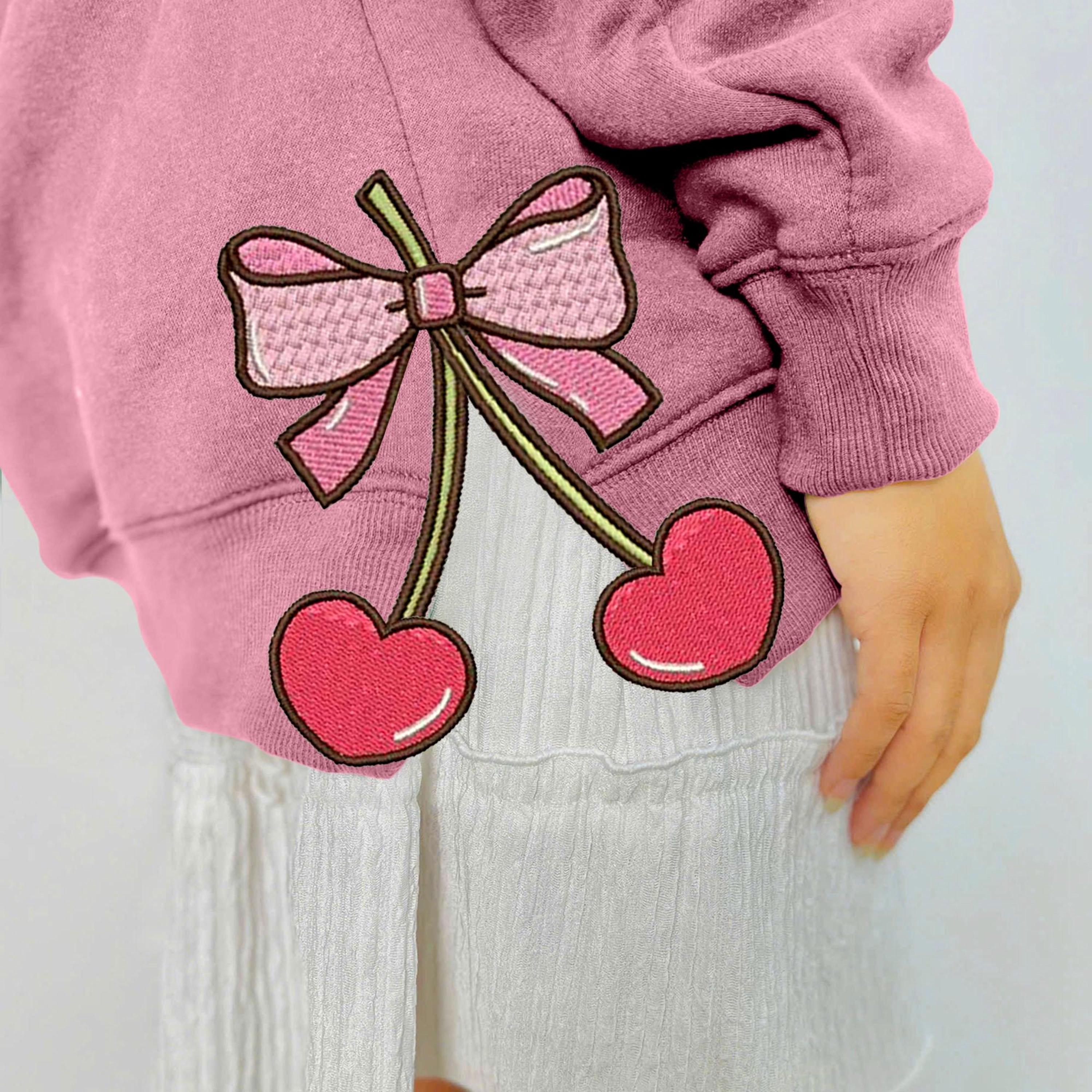 Cherry Heart Pink Coquette Side Bow Embroidered Sweatshirt, Retro Pink Lover Embroidered Hoodie, Embroidery Crewneck, Bow Girls Gift