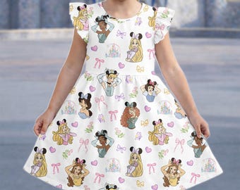 Vestido Disney Princess Coquette con lazo y mangas con volantes, vestido Belle Rapunzel Aurora con volantes, vestido Castillo Mágico para niñas, conjuntos para niñas de cumpleaños