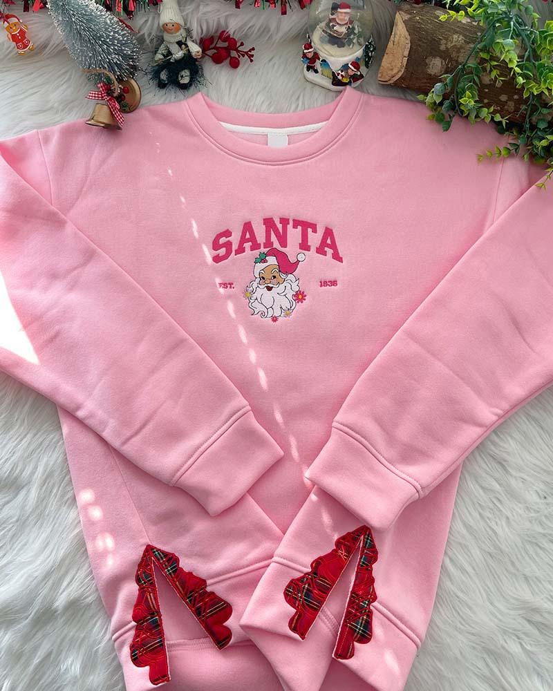 Embroidered Santa Claus Side Bow Applique Sweatshirt, Christmas Tree Shirt, Coquette Bow Crewneck, Xmas Cut Out Bow Hoodie, Bow Shirt