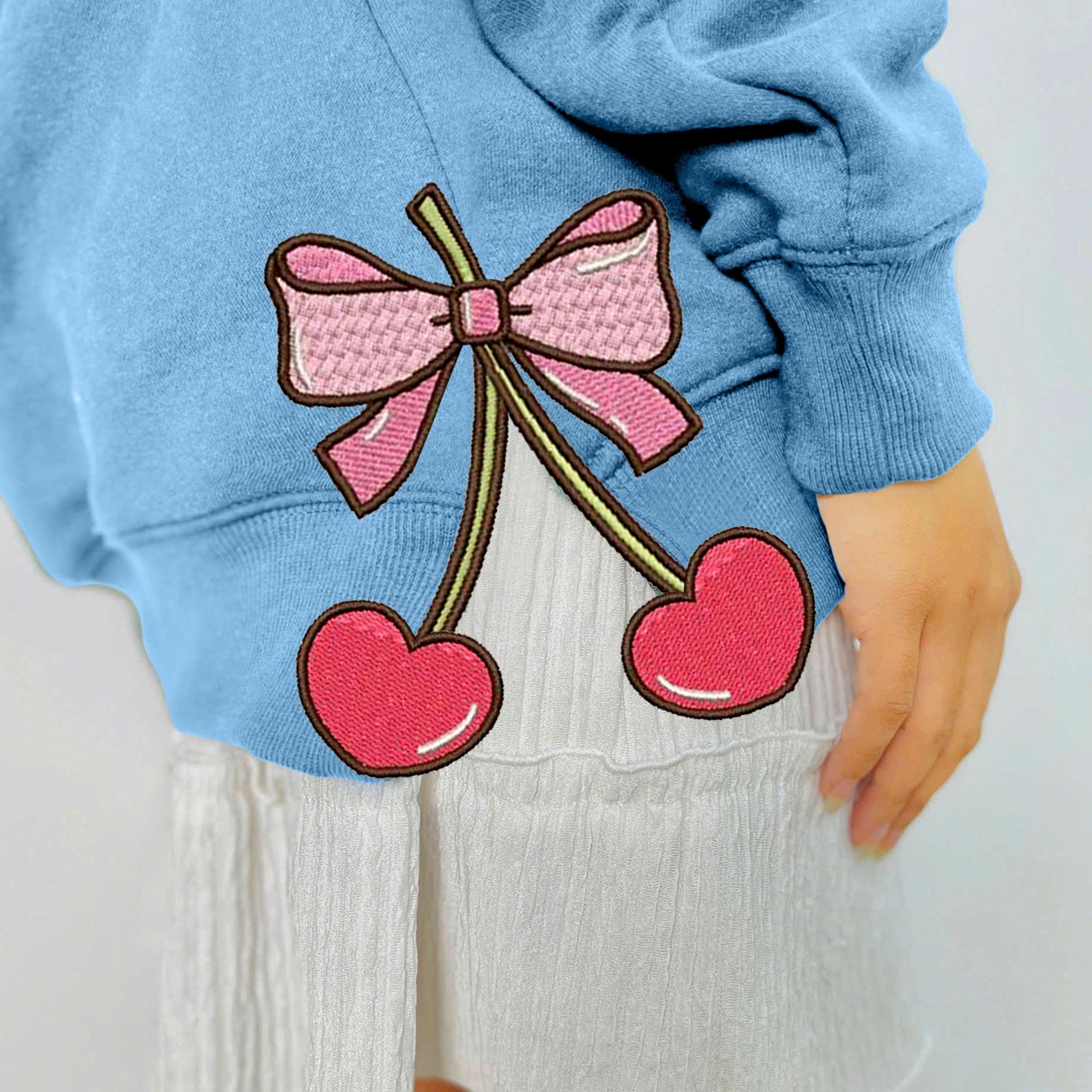 Cherry Heart Pink Coquette Side Bow Embroidered Sweatshirt, Retro Pink Lover Embroidered Hoodie, Embroidery Crewneck, Bow Girls Gift