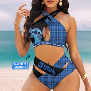 Benutzerdefinierte Stich und gestreifte Muster Crisscross Badeanzug, Disney Badeanzug, Lilo und Stitch Bikini-Oberteil, Cartoon Beach Wear, zweiteiliges Set