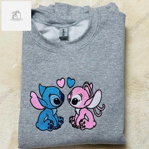 Stitch And Angel Embroidered Couple Sweatshirt, Stitch And Angel Couple Sweatshirt, Disney Anniversary Embroidered Sweatshirt Hoodie