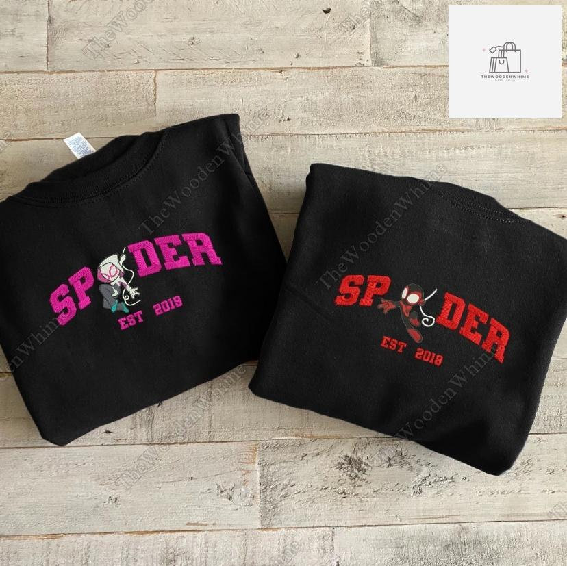 Custom Spider Man And Spider Gwen Embroidered Sweatshirt, Spider Embroidered Hoodie, Couple Cartoon Shirt, Valentine Gift, Spider Shirt