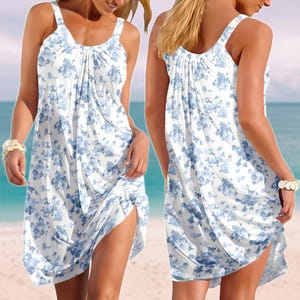 Blue Floral Sling Summer Dress, Elegant Cottagecore Rose Women Dress, Soft Garden Picnic Outfit, Romantic Beach Dress, Gift For Her
