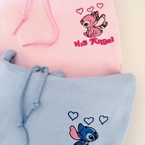 Stitch And Angel Embroidered Sweatshirt, Disney Couple Cartoon Shirt, Her Stitch His Angel Couple Embroidered Hoodies, Anniversary Gift