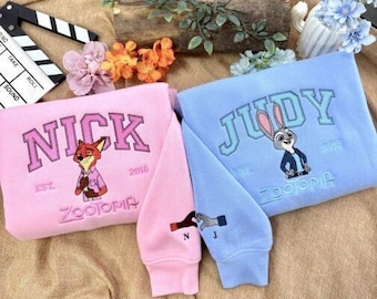 Custom Zootopia Embroidered Sweatshirt, Nick And Judy Couple Sweatshirt, Disney Couple Hoodie, Anniversary Gift, Valentine's Day Gift