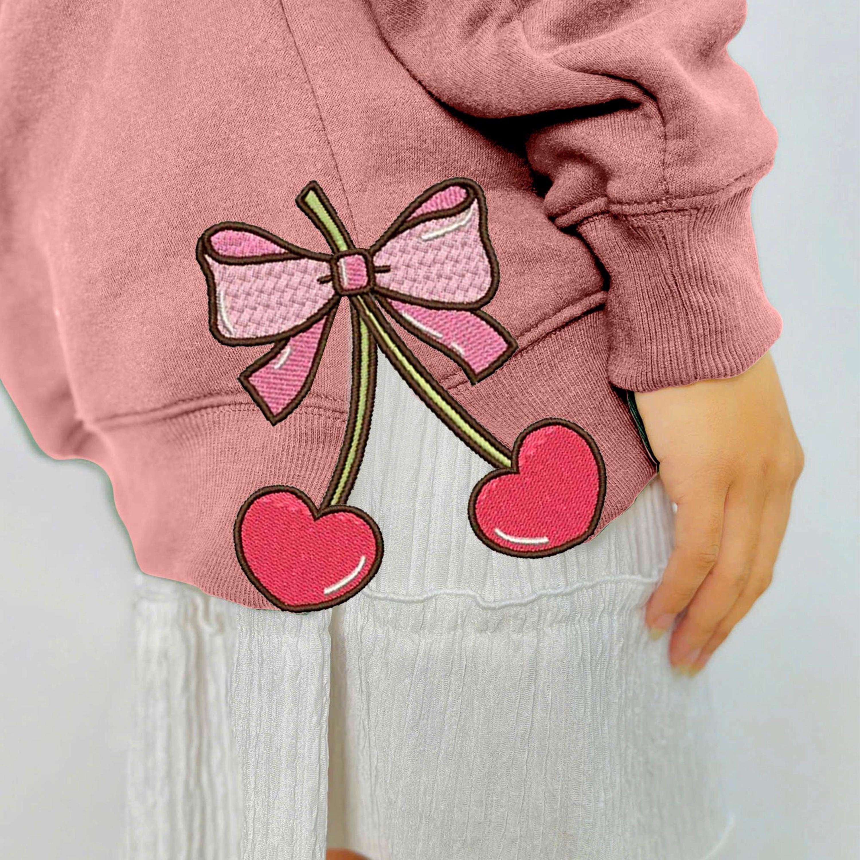 Cherry Heart Pink Coquette Side Bow Embroidered Sweatshirt, Retro Pink Lover Embroidered Hoodie, Embroidery Crewneck, Bow Girls Gift