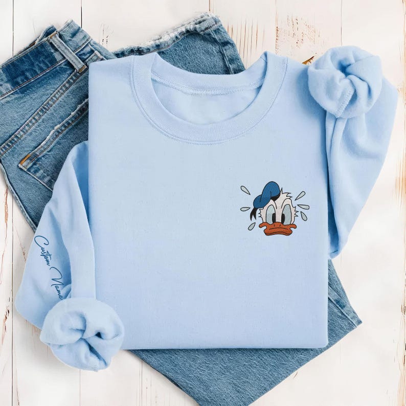 Custom Name Donald Duck Embroidered Sweatshirt, Disney Character Embroidery Hoodie, Movie Cartoon Shirt, Disneyworld, Disneyland Shirt