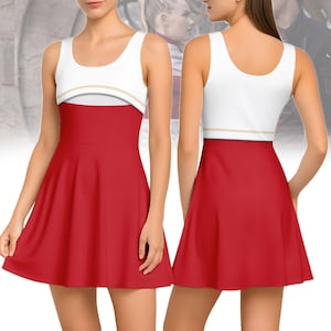 May include: A sleeveless skater dress featuring a white top with a gold chain detail and a vibrant red skirt. The dress has a scoop neckline and a fitted bodice that flows into a flared skirt. The design is visible from the front and back.