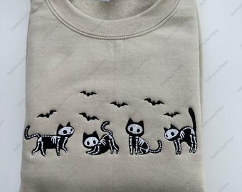 Geisterkatzen Halloween besticktes Sweatshirt, Katzenskelett Hoodie, Katze besticktes Hemd, Fledermäuse und Katzen Geist Sweatshirt, Halloween Geschenk