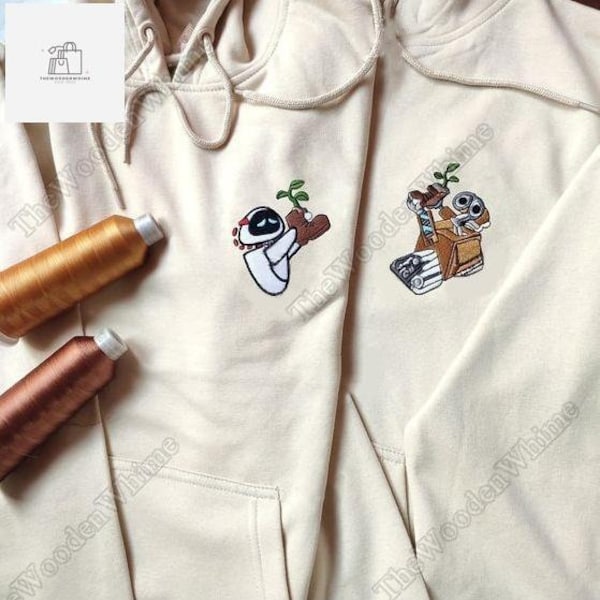 Wall E And Eve Matching Embroidered Sweatshirt, Couple Embroidery Sweatshirt, Wall E Couple Sweatshirt, Couple Hoodie, Couple Gifts