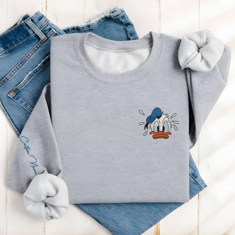 Custom Name Donald Duck Embroidered Sweatshirt, Disney Character Embroidery Hoodie, Movie Cartoon Shirt, Disneyworld, Disneyland Shirt
