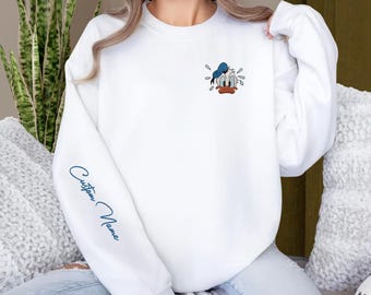 Custom Name Donald Duck Embroidered Sweatshirt, Disney Character Embroidery Hoodie, Movie Cartoon Shirt, Disneyworld, Disneyland Shirt