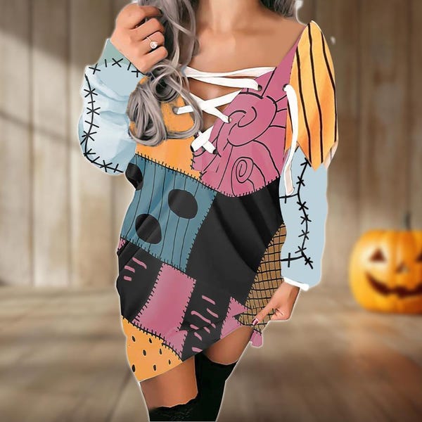Halloween Sally Costume Dress, Sally Cross Dress, Nightmare Before Christmas Dress, Horror Movie Long Sleeve Dress,Sally Cosplay Outfit