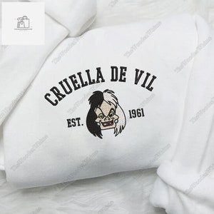 Villains Cruella Embroidered Crewneck Sweatshirt, Halloween Sweatshirt, Cruella De Vil Embroidered Hoodie, Disney Halloween Gifts