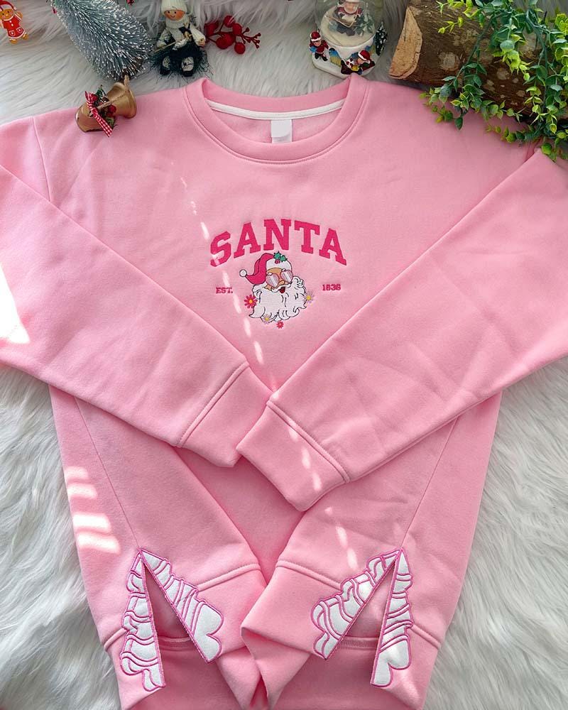 Embroidered Santa Claus Side Bow Applique Sweatshirt, Christmas Tree Shirt, Coquette Bow Crewneck, Xmas Cut Out Bow Hoodie, Bow Shirt