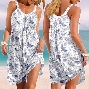 Blue Bird Sling Summer Dress, Vintage Women Sundress, Elegant Cottagecore Dress, White Floral Bird Dress, Sleepwear Shirt, Gift For Her