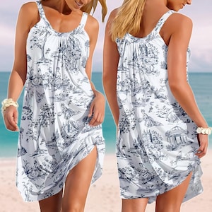 Vintage Toile Sling Summer Dress, French Cottagecore Sundress, Pastoral Scene Women Dress, Elegant Sleeveless Dress, Sleepwear For Her