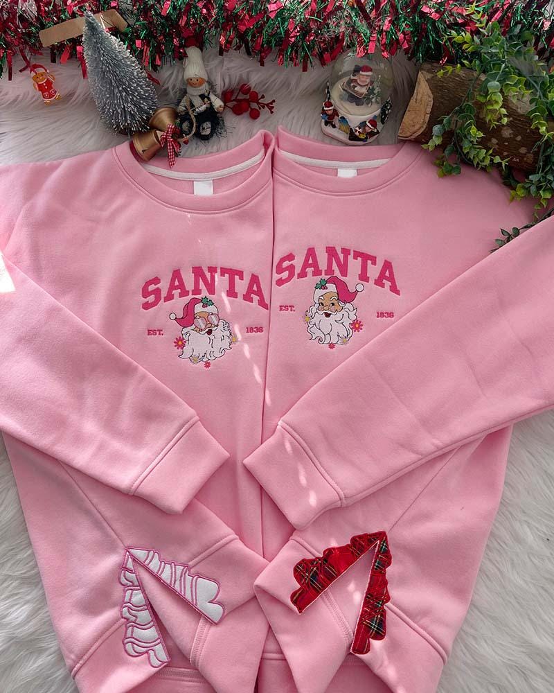 Embroidered Santa Claus Side Bow Applique Sweatshirt, Christmas Tree Shirt, Coquette Bow Crewneck, Xmas Cut Out Bow Hoodie, Bow Shirt