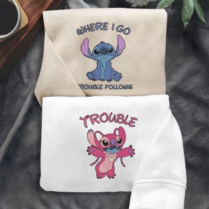 Stitch Angel Couple Embroidered Sweatshirt, Lilo And Stitch Embroidery Hoodie, Disney Cartoon Shirt For Women Men,Valentine Couple Gift
