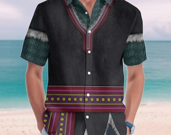 May include: Black button-down shirt with a printed design. The shirt features a dark green collar and sleeve cuffs with a knitted pattern. A red and purple striped band is across the waist. The shirt has white buttons.