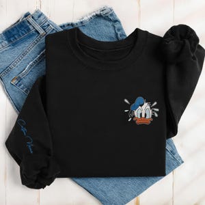 Custom Name Donald Duck Embroidered Sweatshirt, Disney Character Embroidery Hoodie, Movie Cartoon Shirt, Disneyworld, Disneyland Shirt