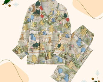 Vintage Pooh And Friends Pajamas Set, Disney Pajamas Women, Retro Disney Pooh Sleepwear, Eeyore Tigger Piglet Pjs, Cute Bear Nightwear