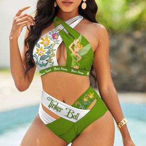 Custom Tinkerbell Crisscross Swimsuit, Disney Swimsuit, Princess Bikini Top, Cartoon Beach Wear, Two Piece Set, Gifts For Women Her