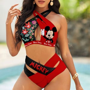 Custom Mickey Floral Crisscross Swimsuit, Disney Swimsuit, Mickey Mouse Flower Bikini Top, Cartoon Beach Wear, Two Piece Set Gifts