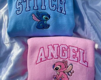 Stitch And Angel Embroidered Couple Sweatshirt, Anniversary Embroidered Sweatshirt Hoodie, Valentines Day Gift, Stitch Embroidery Shirt