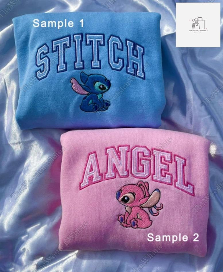 Stitch and Angel Embroidered Couple Sweatshirt, Anniversary