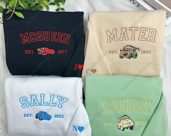 Mcqueen Sally Mater Luigy Embroidery Sweatshirt, Disney Cars Movie Embroidered Sweatshirt, Cars Characters Sweatshirt, Friends Gifts