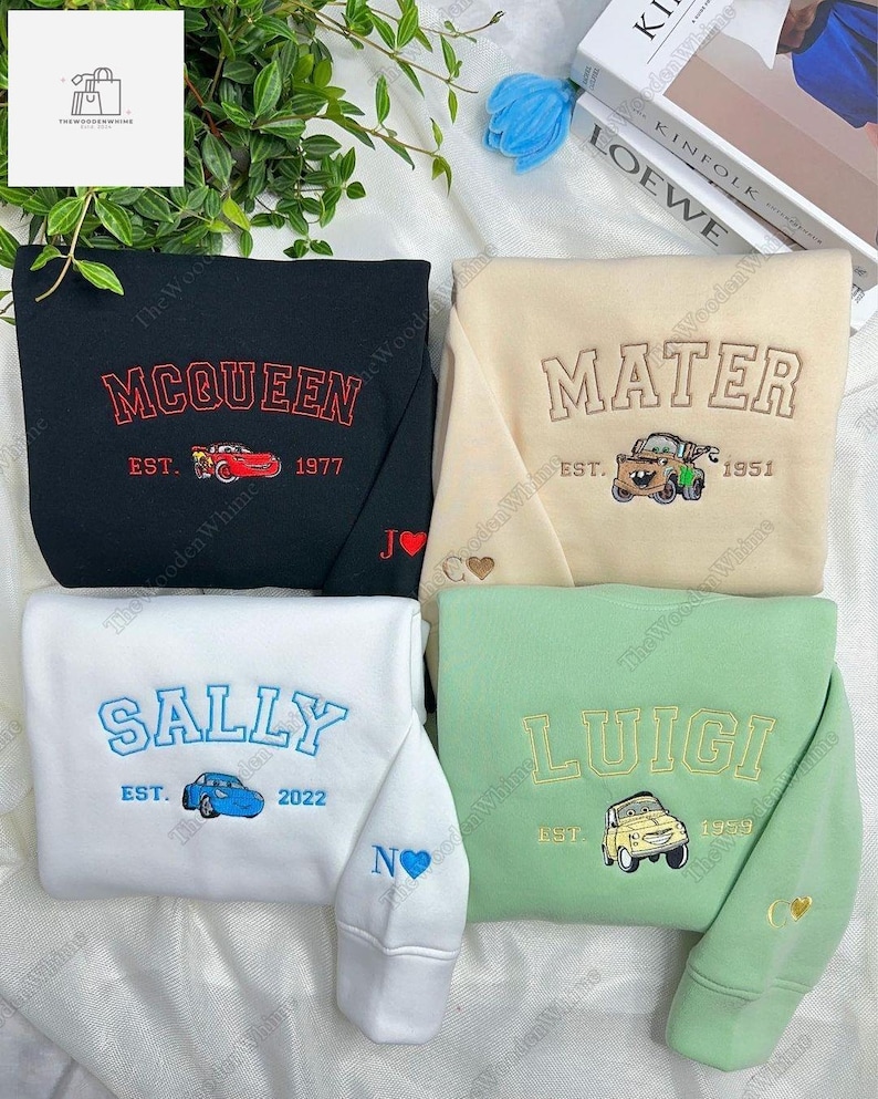 Mcqueen Sally Mater Luigy Embroidery Sweatshirt, Disney Cars Movie Embroidered Sweatshirt, Cars Characters Sweatshirt, Friends Gifts