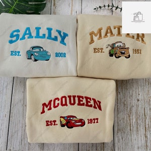 Mcqueen Sally Mater-sweater, Cars Movie geborduurd sweatshirt, Cars Characters-sweater met ronde hals, vriendencadeau, cartoonshirt