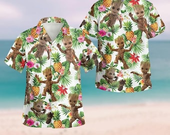 Disney Groot Flower Hawaiian Shirt, Baby Groot Shirt, Disneyland Family Vacation Shirt, Guardians Of The Galaxy Shirt, I Am Groot Shirt