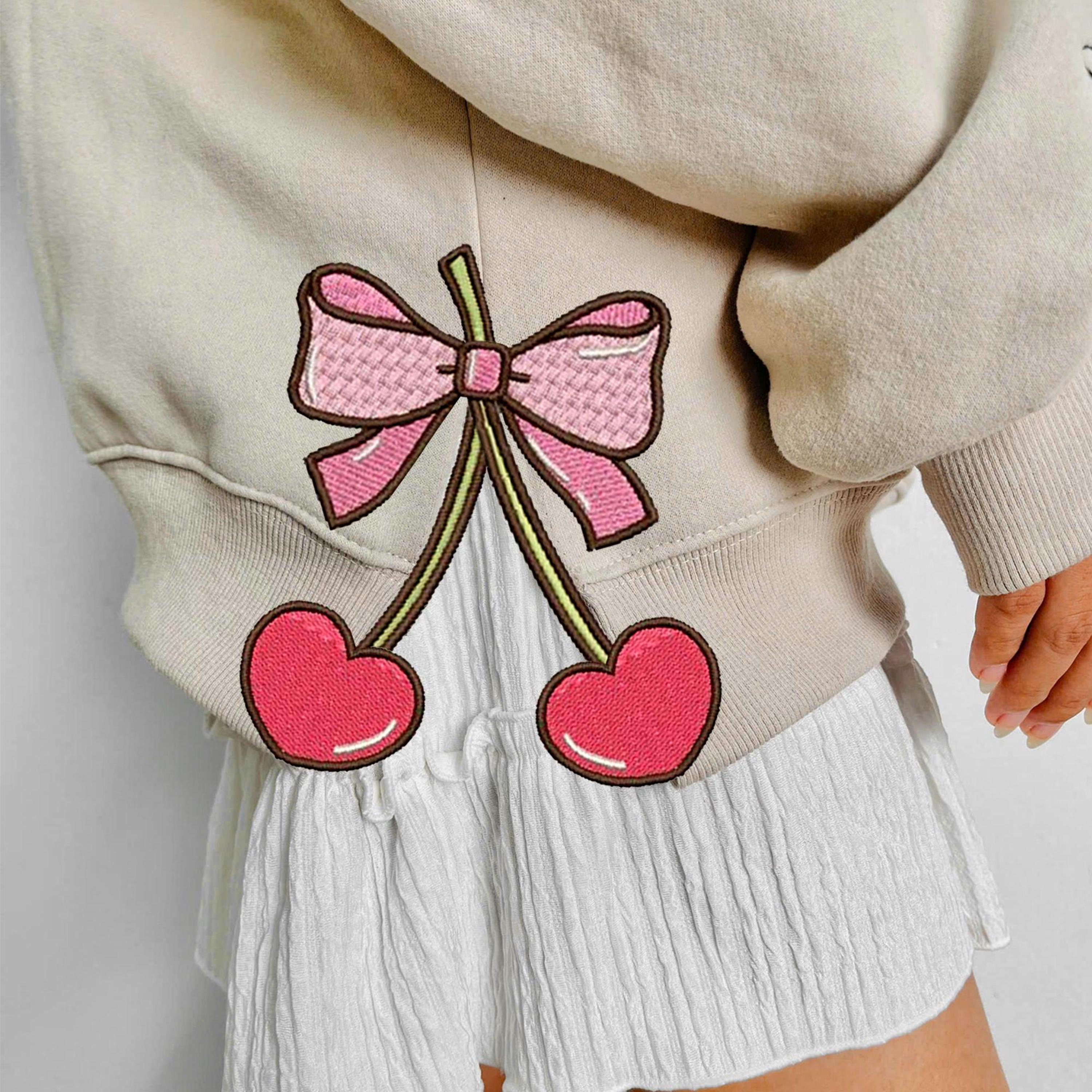 Cherry Heart Pink Coquette Side Bow Embroidered Sweatshirt, Retro Pink Lover Embroidered Hoodie, Embroidery Crewneck, Bow Girls Gift