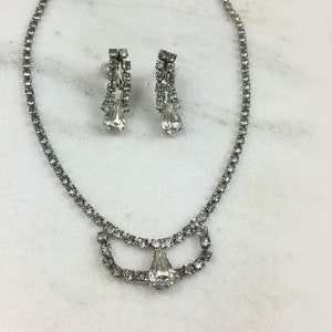 50's Rhinestone Necklace and Earring Set, Vintage Rhinestone Parure, Bib Rhinestone Choker, Drop Screwback Rhinestone Earrings