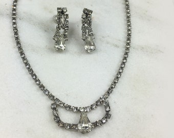 50's Rhinestone Necklace and Earring Set, Vintage Rhinestone Parure, Bib Rhinestone Choker, Drop Screwback Rhinestone Earrings