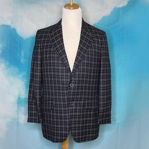 Vintage sportjas, vintage herenblazer, jaren 70 geruit polyester jack, zwart-witte geruite sportjas, sportjas jaren 70 brede revers, maat 40