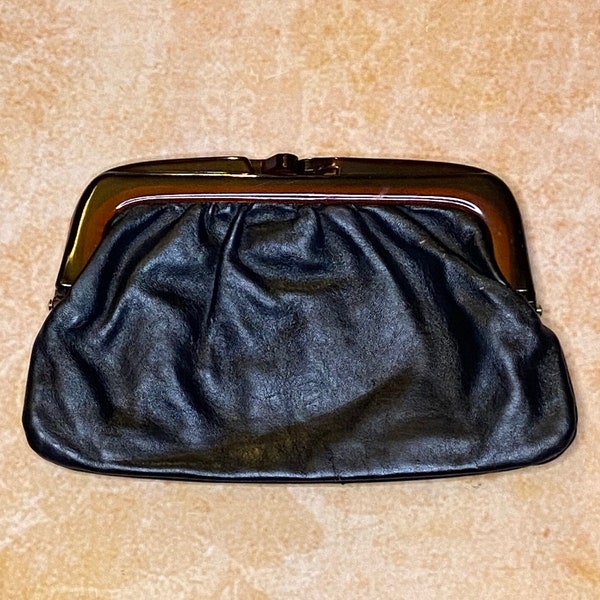 80's Black Leather Clutch with Amber Plastic Frame, Black Leather Clutch, Made in Italy Leather Clutch, Leather Clutch, Italian Leather Bag