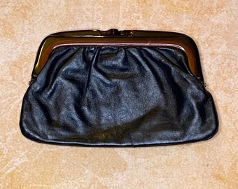 80's Black Leather Clutch with Amber Plastic Frame, Black Leather Clutch, Made in Italy Leather Clutch, Leather Clutch, Italian Leather Bag