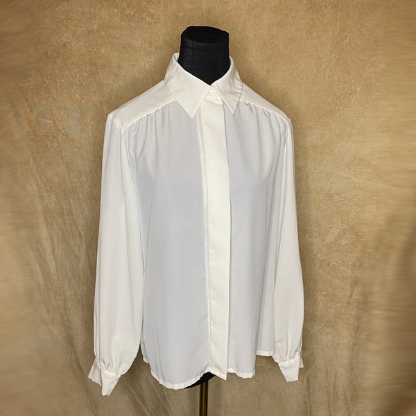 70's White Long Sleeve Blouse, Pendleton Country Sophisticates Blouse, White Blouse with Straight Collar, Pendleton White Blouse, Size Large