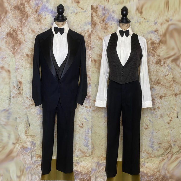 20's 3 Piece Black Wool Tuxedo, Tux with Satin Lapels Buttons and Stripe, Tuxedo Shirt, Detached Collar, Bow Tie, Pants 30 x31, 38 Chest