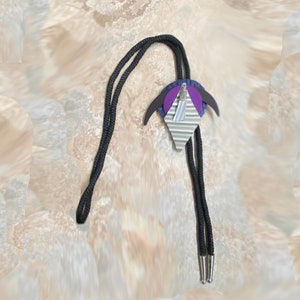 80&#39;s Artisan Abstract Bolo Tie, Silver, Blue, Purple and Black