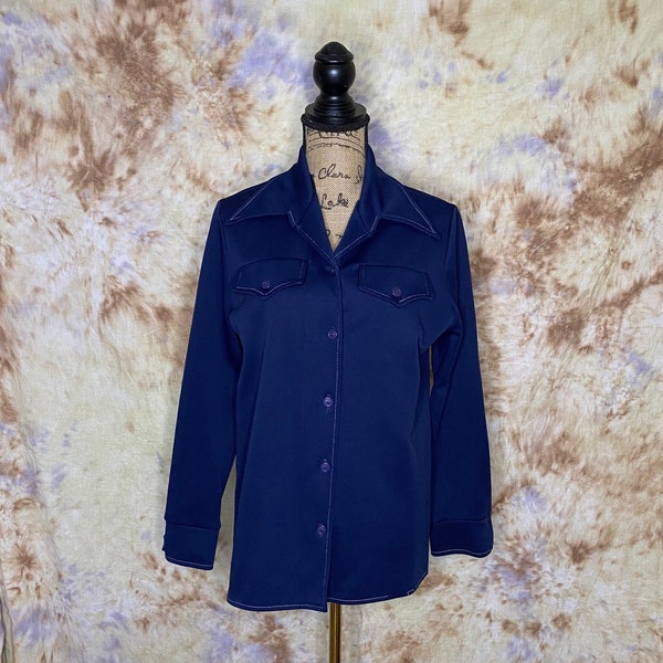 70's Vintage Navy Polyester Leisure Jacket, Women's Polyester Jacket, Polyester Blazer, Top Stitching Jacket, Chest Pockets, Dagger Collar