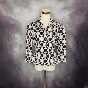 Veste en coton noir et blanc pour femme, veste à imprimé géométrique noir et blanc, veste à imprimé gros pois, veste à taille ajustée, moyen
